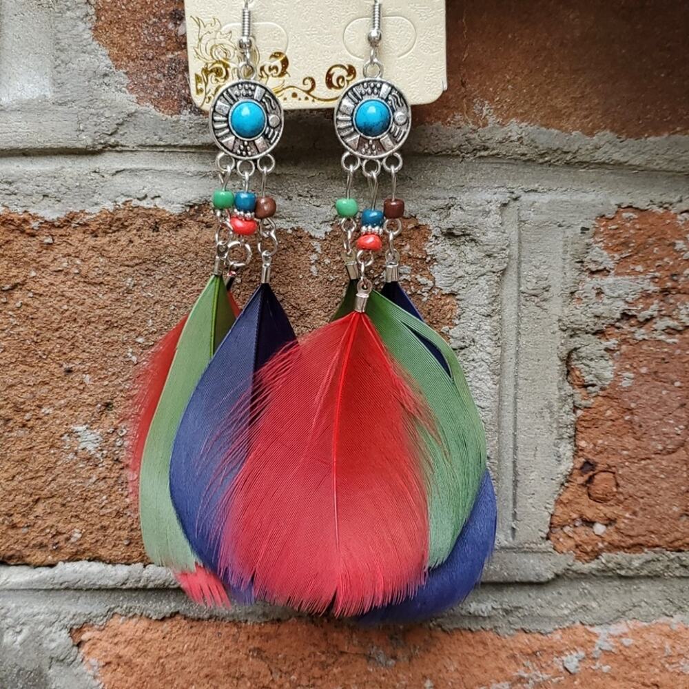 Multi color feather and bead boho festival earrings